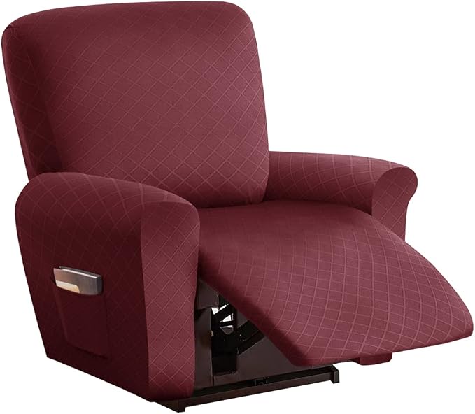 vctops Diamond Recliner Cover 4-Pieces Recliner Stretch Sofa Slipcover 1 Seater Couch Protector Soft Solid Furniture Protector Covers with Elastic Strap (Wine Red,1 Seat) by vctops