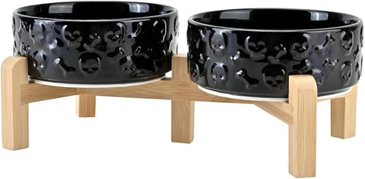 SPUNKYJUNKY Elevated Dog Bowls Ceramic, 5.1'' Dogs and Cat Food Water Bowls Raised with Non-Slip Bamboo Stand for Puppy Small Sized Breed Microwave Dishwasher Safe - 13.5 OZ,Skull Black by SPUNKYJUNKY