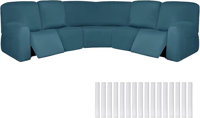 Peryiter 7 Pcs L Shape Sectional Recliner Sofa Covers 5 Seat Sectional Couch Covers Milk Silk Velvet Stretch Reclining Sofa Slipcover Furniture Protector for Living Room(Peacock Blue,Milk Silk) by Peryiter