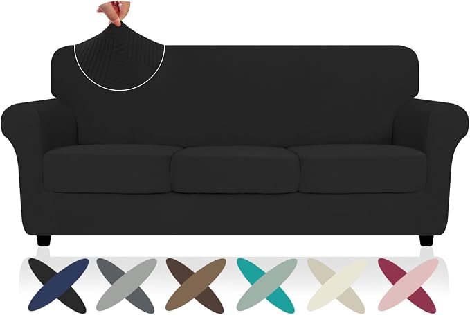 ZNSAYOTX 4 Piece Stretch Sofa Covers (71"-91"), Thick Striped Couch Covers for 3 Cushion Sofa with Elastic Band Bottom Ties Non-Slip Stay in Place, Soft Durable Washable Couch Slipcovers, Black by ZNSAYOTX