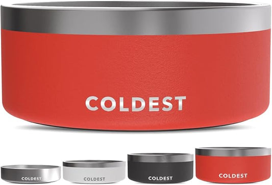 Coldest Dog Bowl - Anti Rust Metal, Non Slip, 3 Layers Insulated Stainless Steel Dog Bowls - Spill Proof & Heavy Duty - Water Bowl for Dogs, Cats & Pets, Dish Washer Safe (100 oz, Crimson Red) by Coldest
