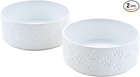 SPUNKYJUNKY Ceramic Dog Bowls 2 Pack, 8.3'' Dog Food Water Double Feeding Bowls Non-Slip for Medium to Large Sized Breed Microwave Dishwasher Safe - 60 OZ, 2pcs, Paw White by SPUNKYJUNKY