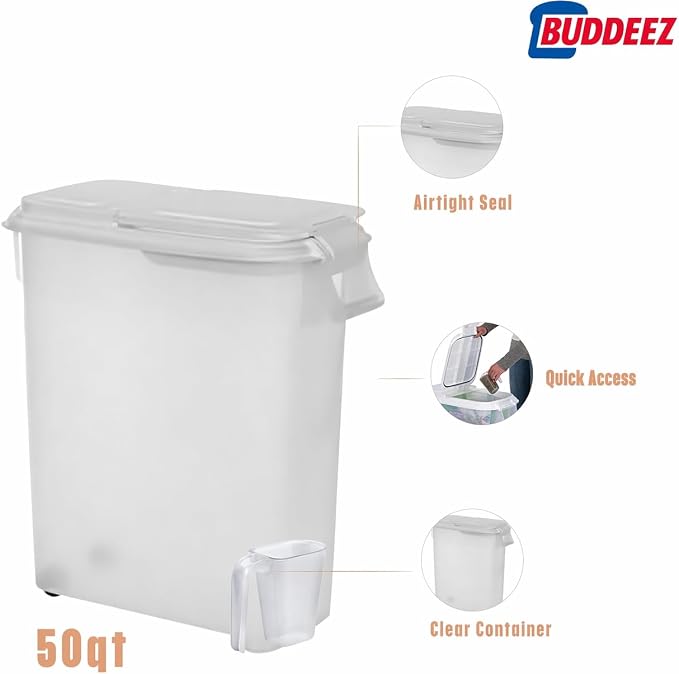 Buddeez Airtight Pet Food Storage Container - 50 QT Capacity Dog Food Storage Container - Cat Food Container, Bird Seed Storage Container, Rolling Storage Bin, Air Tight with White Lid - Image 5