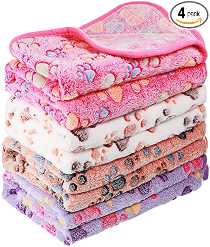 Tatuo 4 Pack Fleece Dog Blankets for Puppy Cats Multi-Size Sleep Mat for Pet Guinea Pig Soft Washable Warm Crate Bed Puppy Teething Toys Print Pattern Blanket Indoor(Mixed Color,30 x 20.5 Inch,Paw) by Tatuo