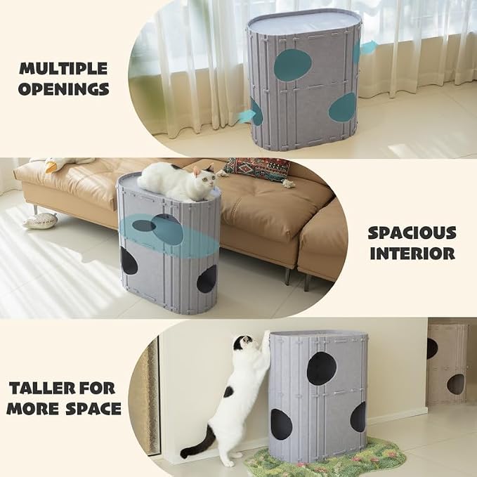 PETKARAY 2-Story Felt Cat House, Large Bed Cave for Indoor Cats, Felt Tunnel Hideaway Condo for Multi-Cat Households, 23.6x22x12 inches, Beige - Image 6