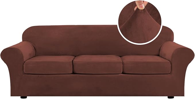 H.VERSAILTEX High Stretch Sofa Slipcover 4 Piece Cover Velvet Furniture Protector Form Fit Thick Velvet Extra Large Sofa Cover for 3 Cushion Couch Width Up to 97 Inch (Large Sofa, Burnt Brick) by HVERSAILTEX