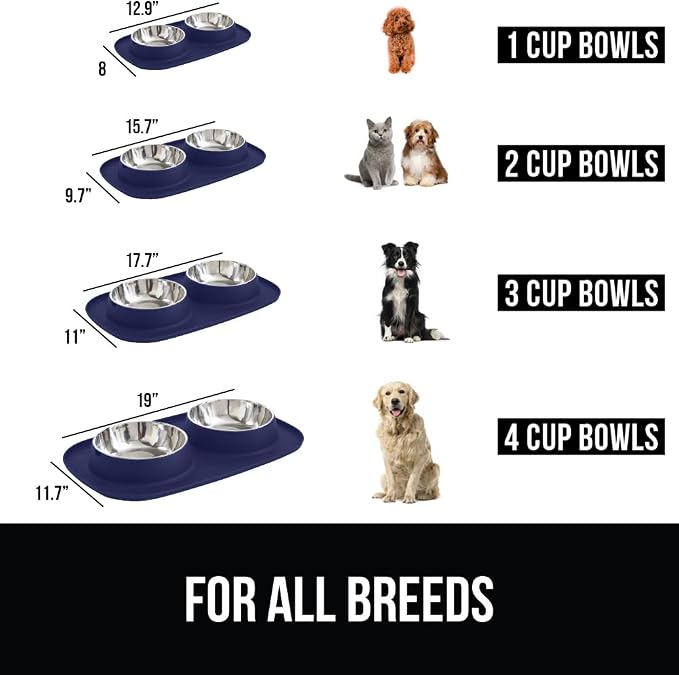 GORILLA GRIP Dog Bowl Set with Slip Resistant Silicone Feeding Mat, Food Grade 304 Stainless Steel Bowls, BPA Free, High Edge Spill Containment, Dishwasher Safe, Finger Notch Removal, 2 Cup, Navy Blue - Image 3