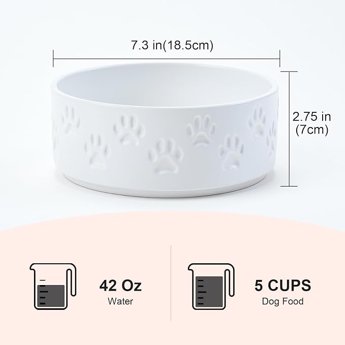 SPUNKYJUNKY Ceramic Dog Bowls 2 Pack, 7.3'' Dog Food Water Double Feeding Bowls Non-Slip for Medium to Large Sized Breed Microwave Dishwasher Safe - 42 OZ, 2pcs, Paw White - Image 2