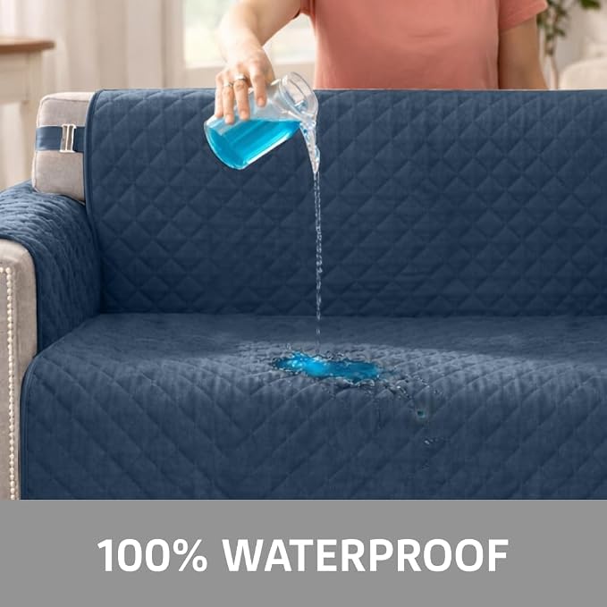 Sofa Shield 100% Waterproof Couch Cover with Patented Straps, Slip & Stain Resistant Furniture Protector, Machine Washable Sofa Slipcover for Dogs Cats Pets Kids, 23 inch Seat, Armchair, Navy Blue - Image 3