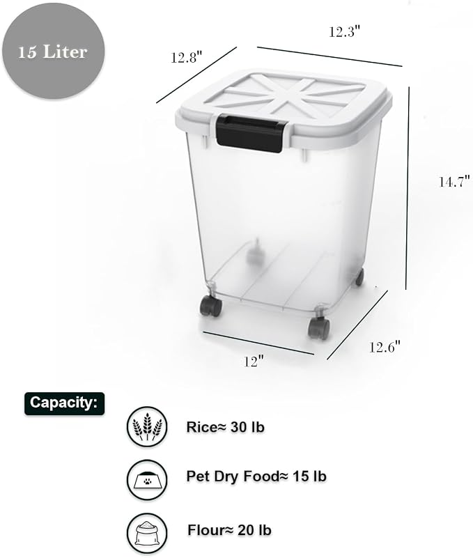 HANAMYA 30 LB Rice Storage Container with Measuring Cup, BPA free, For Rice | Grain | Pet Food | Flour, 1 count, Clear & Black - Image 2