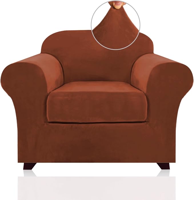 PrinceDeco Velvet Plush Couch Cover Stretch 2 Piece Chair Cover Chair Slipcover Washable Furniture Protector Couch Soft with Elastic Bottom Armchair Cover Width Up to 49 Inch(Small, Rust) by PrinceDeco
