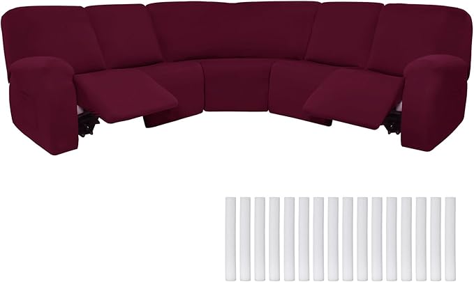 Peryiter 7 Pcs L Shape Sectional Recliner Sofa Covers 5 Seat Sectional Couch Covers Milk Silk Velvet Stretch Reclining Sofa Slipcover Furniture Protector for Living Room(Wine Red,Milk Silk) by Peryiter
