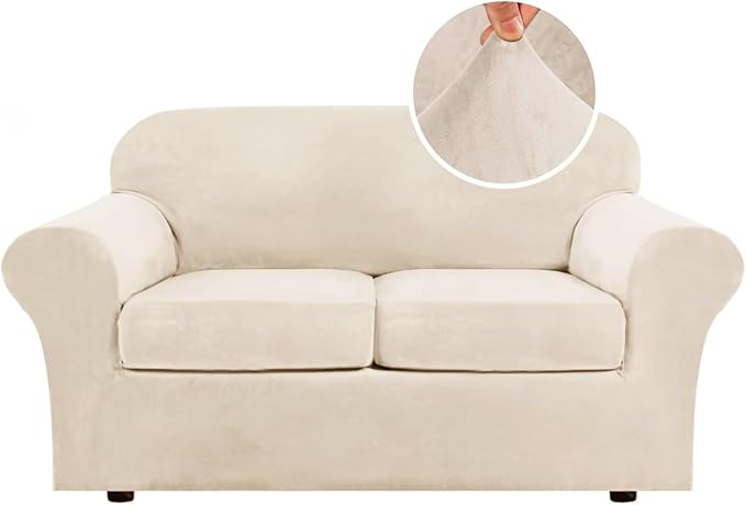 H.VERSAILTEX 3 Piece Stretch Sofa Covers Couch Covers for 2 Cushion Couch Loveseat Covers Width Up to 72 Inch Feature Thick Soft Stay in Place (Medium Sofa, Cream) by HVERSAILTEX