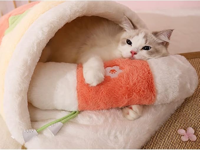 Cute Pet House,Cat Slipper Sleeping Bag with Pillow,Covered Hide Hood Cute Cave Cat Bed,Calming Dog Bed,Soft Warm Cozy Pet Supplies for Cat and Puppies Below 17lbs - Image 2