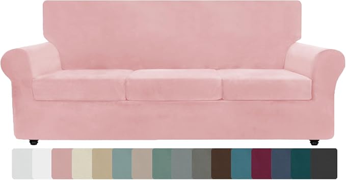 ZNSAYOTX Oversized Velvet Couch Cover 4 Piece (92"-115") Stretch Sofa Covers for 3 Cushion Couch Thick Soft XL-Slipcover with Non Slip Strap, Dog Pet Friendly Nice Furniture Protector (Rose) by ZNSAYOTX