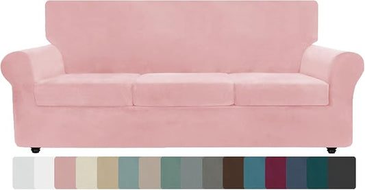 ZNSAYOTX Oversized Velvet Couch Cover 4 Piece (92"-115") Stretch Sofa Covers for 3 Cushion Couch Thick Soft XL-Slipcover with Non Slip Strap, Dog Pet Friendly Nice Furniture Protector (Rose) by ZNSAYOTX