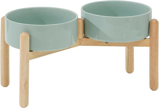 Havniva Elevated Dog Bowls Ceramic Dog Bowls with Stand, Dog Food Bowl | 8.3” Raised Dog Bowls with Non-Slip Wood Stand, Dog Food and Water Bowl Set, Double Dog Feeding Bowls for Large Dogs by Havniva