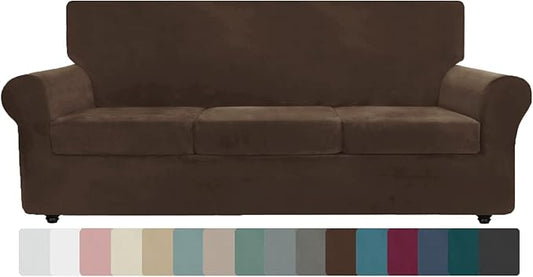 ZNSAYOTX Oversized Velvet Couch Cover 4 Piece (92"-115") Stretch Sofa Covers for 3 Cushion Couch Thick Soft XL-Slipcover with Non Slip Strap, Dog Pet Friendly Nice Furniture Protector (Dark Coffee) by ZNSAYOTX