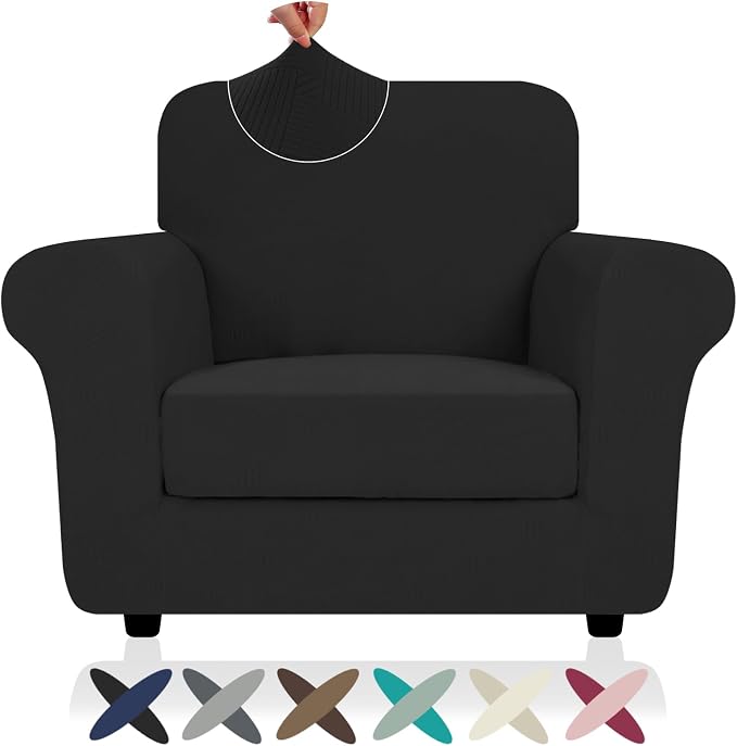ZNSAYOTX 2 Piece Stretch Chair Covers (31"-46"), Thick Striped Armchair Slipcover with Elastic Band Bottom Ties Non-Slip Stay in Place, Soft Durable Arm Chair Covers for Living Room, Black by ZNSAYOTX