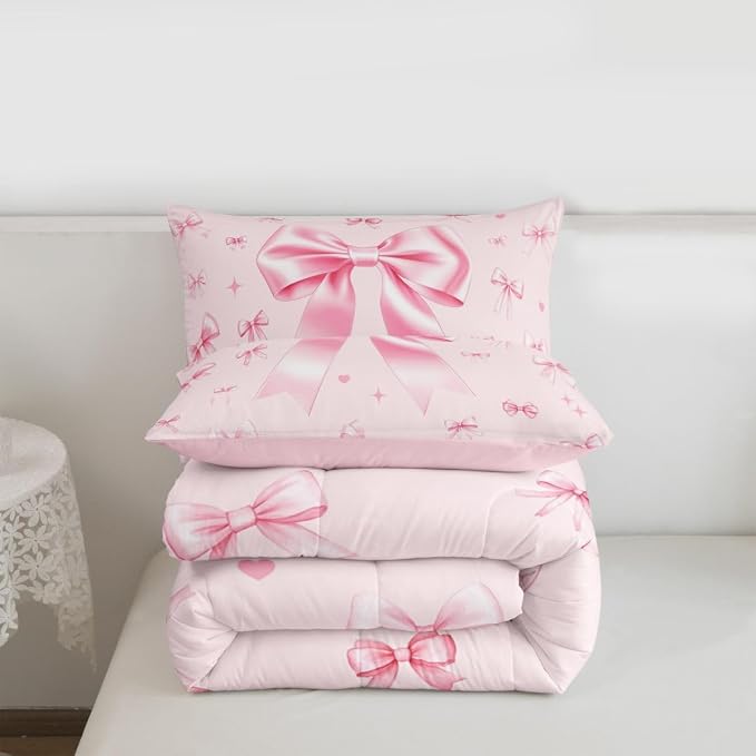 Manfei Pink Bowknot Boys Kids Comforter Set Full Size,Cute Ribbon Bow Tie Duvet Set Room Decor,Preppy Trendy Kawaii Princess Brushed Microfiber Soft Bedding Comforter 3 Pcs - Image 6