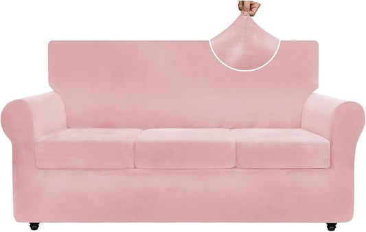 ZNSAYOTX Luxury Velvet Couch Cover 4 Piece (72"-92") Stretch Sofa Covers for 3 Cushion Couch Thick Soft Sofa Slipcover with Non Slip Strap, Dog Pet Friendly Nice Furniture Protector (Rose) by ZNSAYOTX