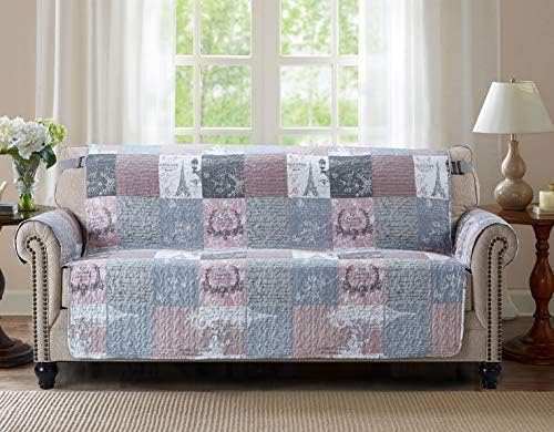 Brilliant Sunshine Latte Grey Paris & Toile Couch Cover, 70" seat | Non Slip Sofa Cover, Patchwork Design, Quilted Furniture Protector, Large Washable Slipcover for Pets, Dogs & Cats - Image 5