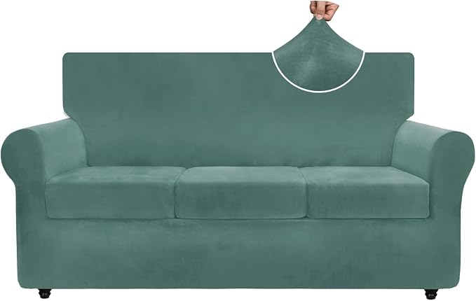 ZNSAYOTX Luxury Velvet Couch Cover 4 Piece (72"-92") Stretch Sofa Covers for 3 Cushion Couch Thick Soft Sofa Slipcover with Non Slip Strap, Dog Pet Friendly Nice Furniture Protector (Pea Green) by ZNSAYOTX