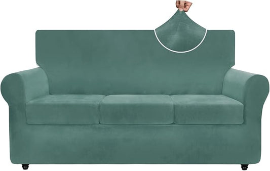 ZNSAYOTX Luxury Velvet Couch Cover 4 Piece (72"-92") Stretch Sofa Covers for 3 Cushion Couch Thick Soft Sofa Slipcover with Non Slip Strap, Dog Pet Friendly Nice Furniture Protector (Pea Green) by ZNSAYOTX