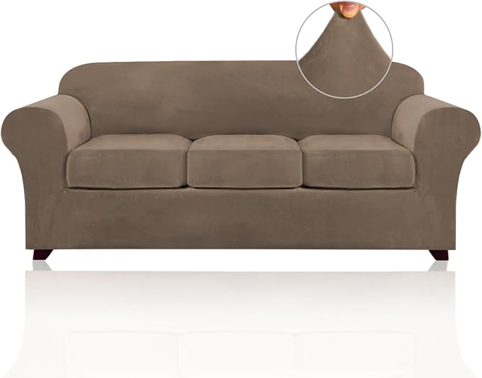 PrinceDeco Velvet Couch Covers for Sofa Soft 4 Pieces Couch Covers for 3 Cushion Couch Sofa Pet Friendly Furniture Protector with Non Slip Elastic Bottom Width Up to 90 Inch (Large, Mocha) by PrinceDeco