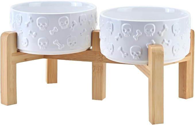SPUNKYJUNKY Elevated Dog Bowls Ceramic, 6.1'' Dogs and Cat Food Water Bowls Raised with Non-Slip Bamboo Stand for Medium Sized Breed Microwave Dishwasher Safe - 28.7 OZ,Skull White by SPUNKYJUNKY