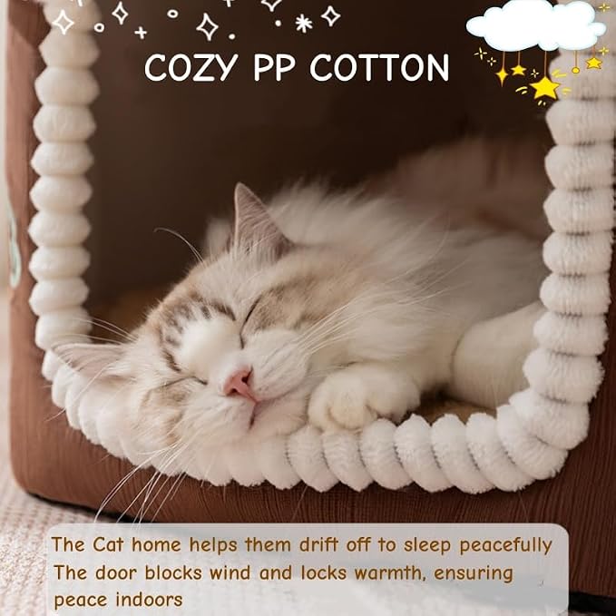 Mushroom Cat Bed for Indoor Cats, Cat Cave Bed with Door Curtain, Foldable Dog House with Reversible Cushion, Covered Pet Bed for Cats Small Dogs (Brown, L-19.2 * 15.3 * 18in) - Image 4