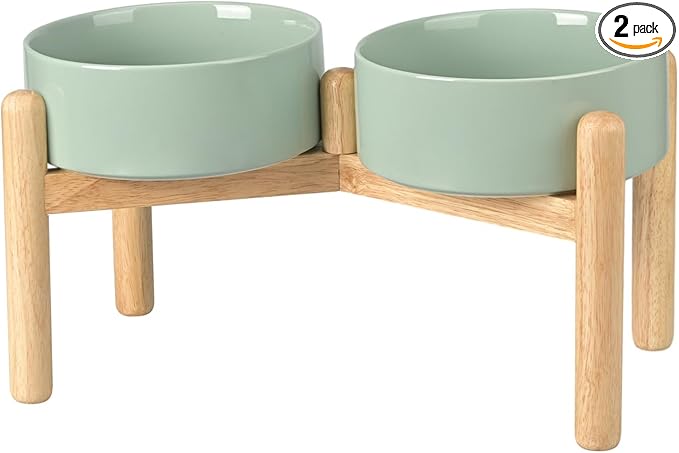 SPUNKYJUNKY Ceramics Elevated Dog Bowls with Wooden Stand Raised Bowl for Medium Large Dog Food and Water Pet Feeding Bowl(Double 60OZ Bowls,Light Green) by SPUNKYJUNKY