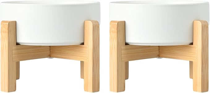 SPUNKYJUNKY Ceramic Elevated Dog Bowls 2 Pack - 8.3inch Raised Dog Bowls with Non-Slip Wooden Stand for Large Dogs Dishwasher Safe(White,60OZ*2) by SPUNKYJUNKY