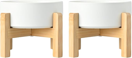 SPUNKYJUNKY Ceramic Elevated Dog Bowls 2 Pack - 8.3inch Raised Dog Bowls with Non-Slip Wooden Stand for Large Dogs Dishwasher Safe(White,60OZ*2) by SPUNKYJUNKY