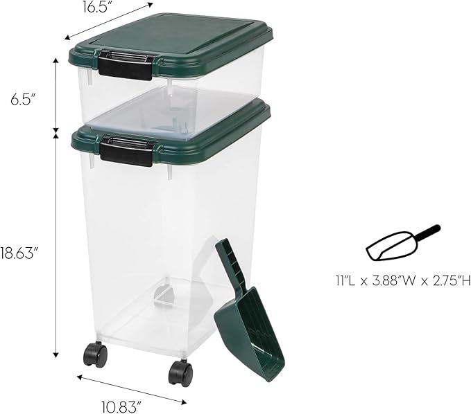 IRIS USA Remington Dog Food Storage Container, 30 lbs, 11 lbs, Airtight, Stackable, Wheels, Food Storage, Treat Box, 2-Cup Scoop - Image 4