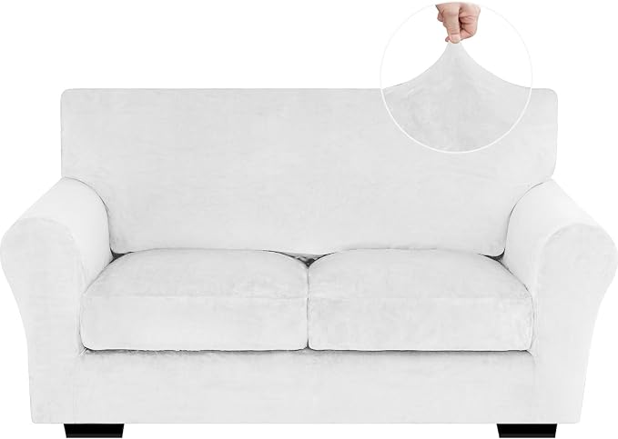 XINEAGE 3-Piece Velvet Loveseat Sofa Cover, Couch Covers for Dog,White | 2 Cushion Loveseat,Stretch Non-slip Elastic, Pet-friendly, Washable, Fast Setup, Soft Plush Fabric, Furniture Protector. by XINEAGE