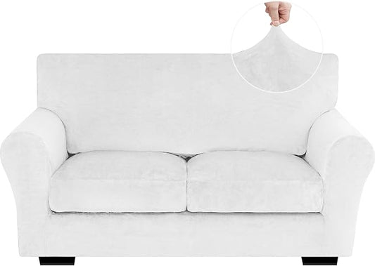 XINEAGE 3-Piece Velvet Loveseat Sofa Cover, Couch Covers for Dog,White | 2 Cushion Loveseat,Stretch Non-slip Elastic, Pet-friendly, Washable, Fast Setup, Soft Plush Fabric, Furniture Protector. by XINEAGE