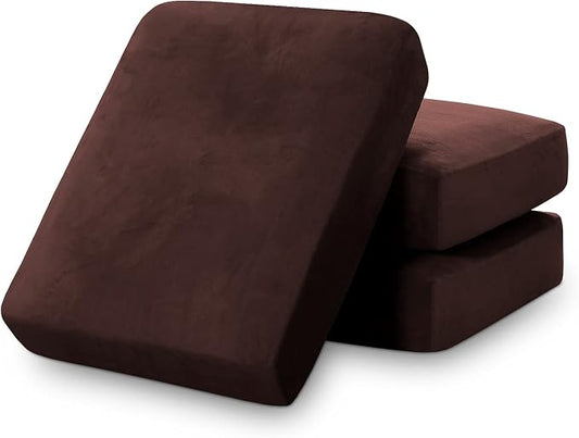 PrinceDeco Velvet Sofa Cushion Covers, Stretch Couch Cushion Covers for Individual Seat Couch Slipcover Sets Furniture Protector for Loveseat Sofa Cushion(Each Width Up to 29.5", Brown) by PrinceDeco