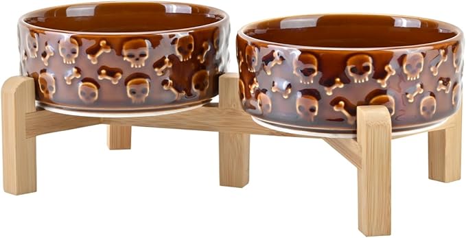 SPUNKYJUNKY Elevated Dog Bowls Ceramic, 5.1'' Dogs and Cat Food Water Bowls Raised with Non-Slip Bamboo Stand for Puppy Small Sized Breed Microwave Dishwasher Safe - 13.5 OZ,Skull Bronze by SPUNKYJUNKY