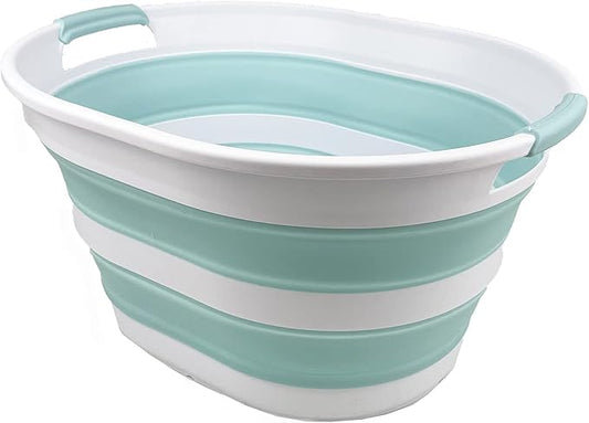 SAMMART 23L (6 Gallons) Collapsible Plastic Laundry Basket - Oval Tub/Basket - Foldable Storage Container/Organizer - Portable Washing Tub - Space Saving Laundry Hamper (White/Lake Green) by SAMMART