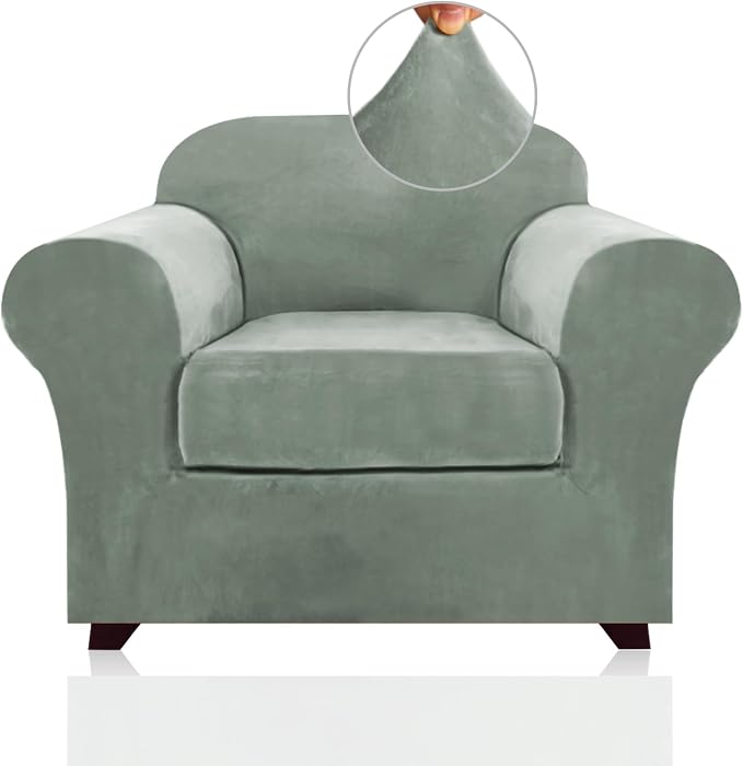 PrinceDeco Velvet Plush Couch Cover Stretch 2 Piece Chair Cover Chair Slipcover Washable Furniture Protector Couch Soft with Elastic Bottom Armchair Cover Width Up to 49 Inch(Small, Seagrass) by PrinceDeco