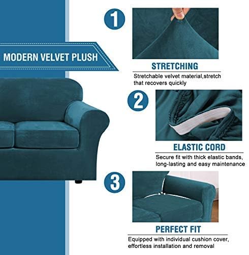 H.VERSAILTEX Real Velvet Plush 3 Piece Stretch Sofa Covers Couch Covers for 2 Cushion Couch Sofa Slipcovers Width Up to 90 Inch Feature Thick Soft Stay in Place (Large Sofa, Deep Teal) - Image 3