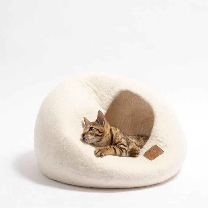 Best Aesthetic Cat Bed - Premium Felted Wool Cat Cave Bed - Cozy Peekaboo Round Cave for Large or Small Cats (Small, Snow White) - Image 2