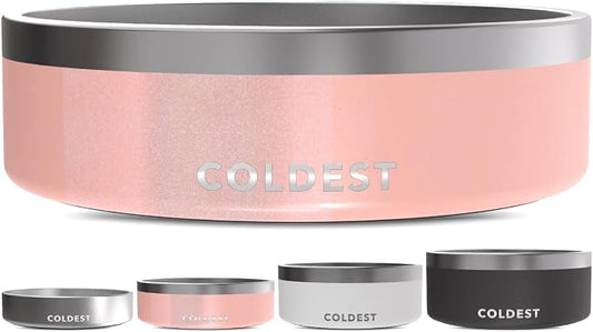 Coldest Dog Bowl - Anti Rust Metal, Non Slip, 3 Layers Insulated Stainless Steel Dog Bowls - Spill Proof & Heavy Duty - Water Bowl for Dogs, Cats & Pets, Dish Washer Safe (42 oz, Forever Pink Glitter) by Coldest