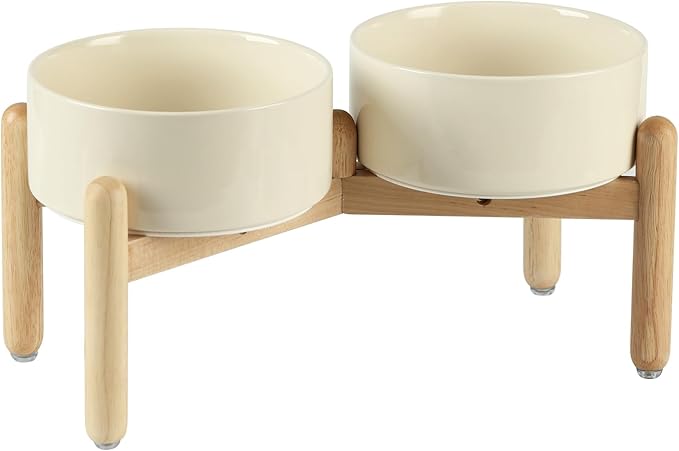 Havniva Elevated Dog Bowls Ceramic Dog Bowls with Stand, Dog Food Bowl | 7.3” Raised Dog Bowls with Non-Slip Wood Stand, Dog Food and Water Bowl Set, Double Dog Feeding Bowls for Medium Dogs by Havniva