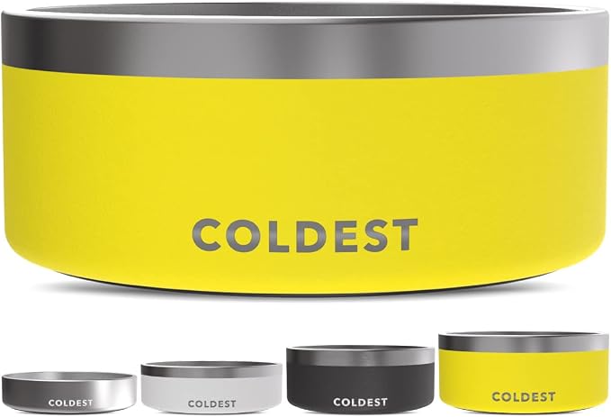 Coldest Dog Bowl - Anti Rust Metal, Non Slip, 3 Layers Insulated Stainless Steel Dog Bowls - Spill Proof & Heavy Duty - Water Bowl for Dogs, Cats & Pets, Dish Washer Safe (100 oz, Solar Yellow) by Coldest