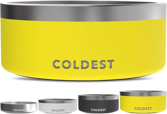 Coldest Dog Bowl - Anti Rust Metal, Non Slip, 3 Layers Insulated Stainless Steel Dog Bowls - Spill Proof & Heavy Duty - Water Bowl for Dogs, Cats & Pets, Dish Washer Safe (100 oz, Solar Yellow) by Coldest