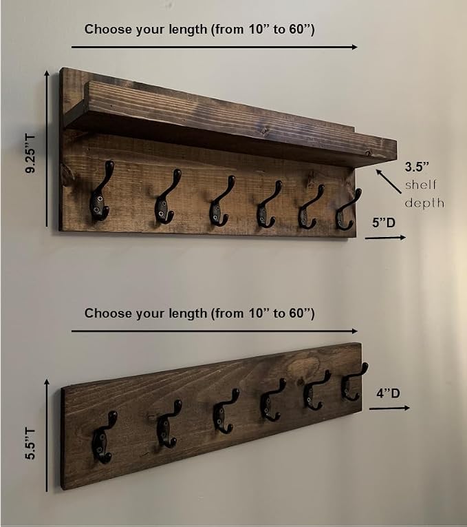 Coat Rack with Shelf Wall Mounted with Storage (Choose Your Length) Towel Rack Entryway Organizer Key Hooks (24" L (6 Hooks) Set of 2) - Image 3