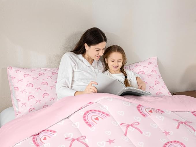 Manfei Pink Love Rainbow Comforter Set Full Size,Princess Bow Ribbon Bow-tie Dreamy Bedding Set 3 Pcs for Teens,Kawaii Hearts Stars Watercolor Comforter,Pink Duvet Insert,2 Pillowcases - Image 3
