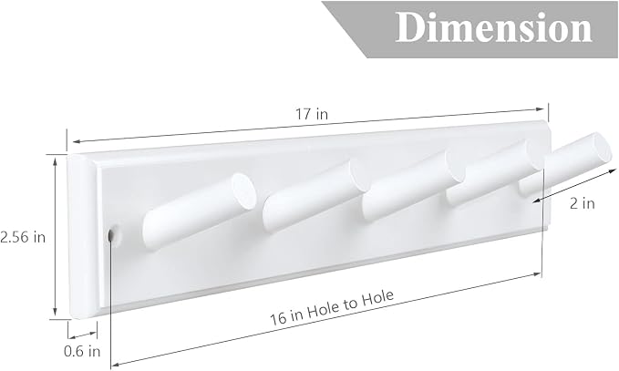 Wooden Coat Rack 2Pcs, 16'' Hole to Hole Wooden Wall-Mounted Coat Hooks, 5 Pegs Bamboo Wall Hooks for Hanging Towels, Hats, Robes, Clothes, Keys, White - Image 2